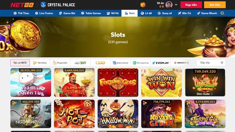 Giao diện các trò chơi trong mục Slots tại Net88